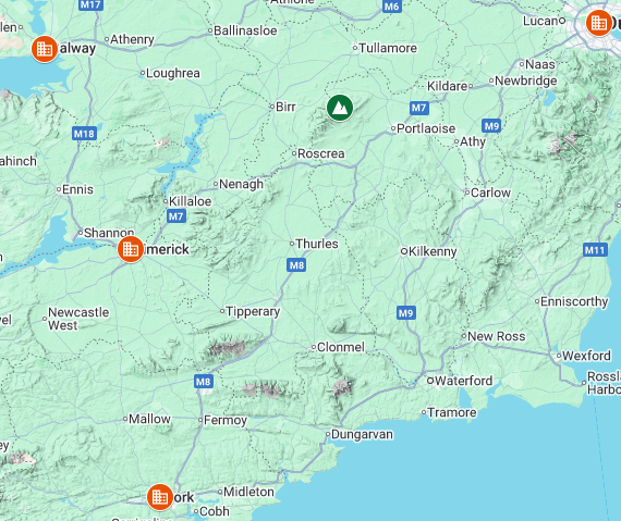 Map of Slieve Bloom and Major Cities